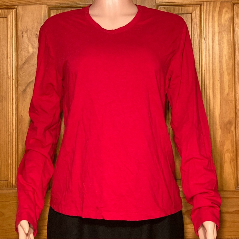 NWOT Hanes Perfect T Stretch V Neck Long Sleeve Top Red Size XL